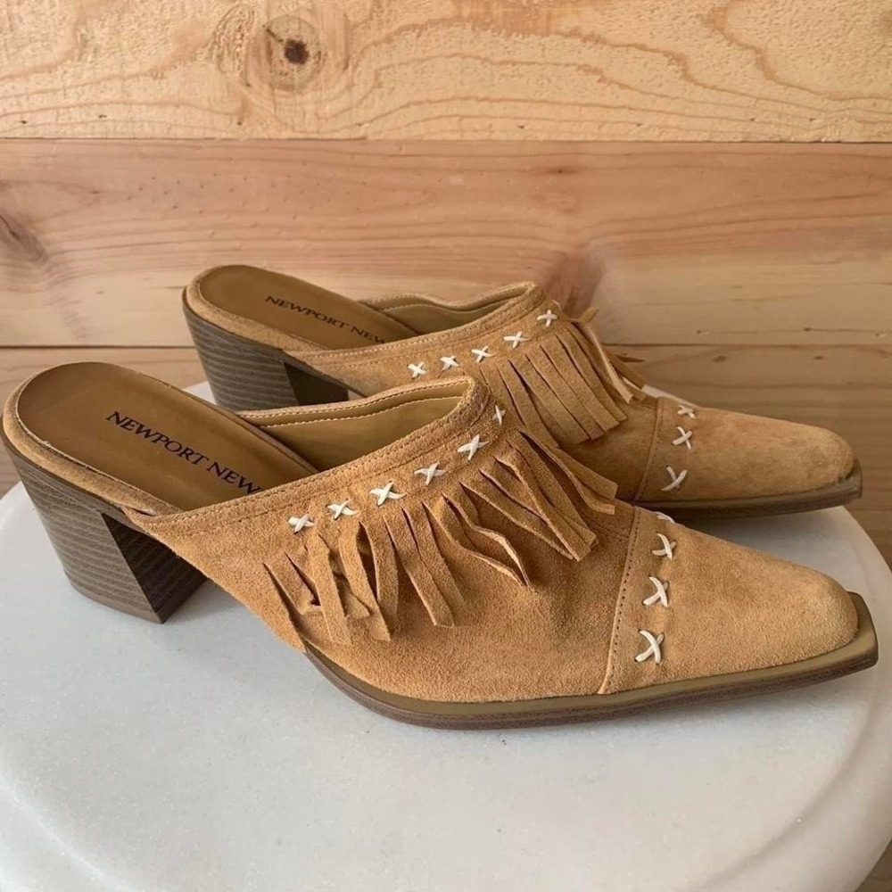 Newport News Suede Leather Mules 8.5 Embroidered Fringe Western Festival Boho